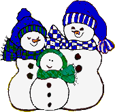 Image of snowman family with blue scarves